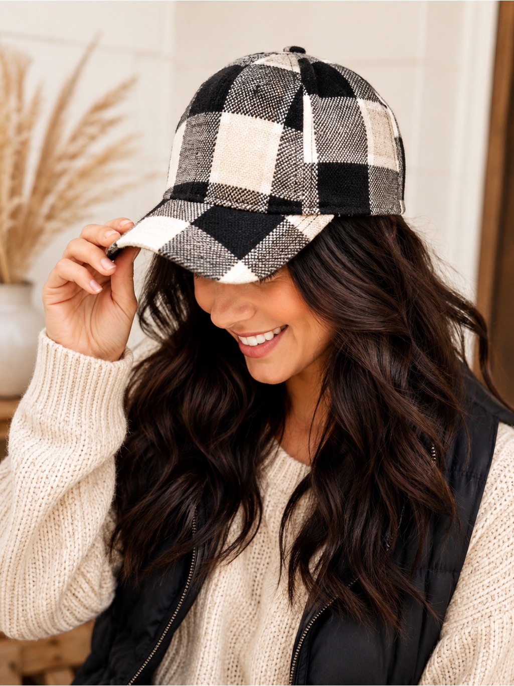 Nwt Cocus Pocus Buffalo Plaid Baseball Cap Black Cream Adjustable Check Hat Os